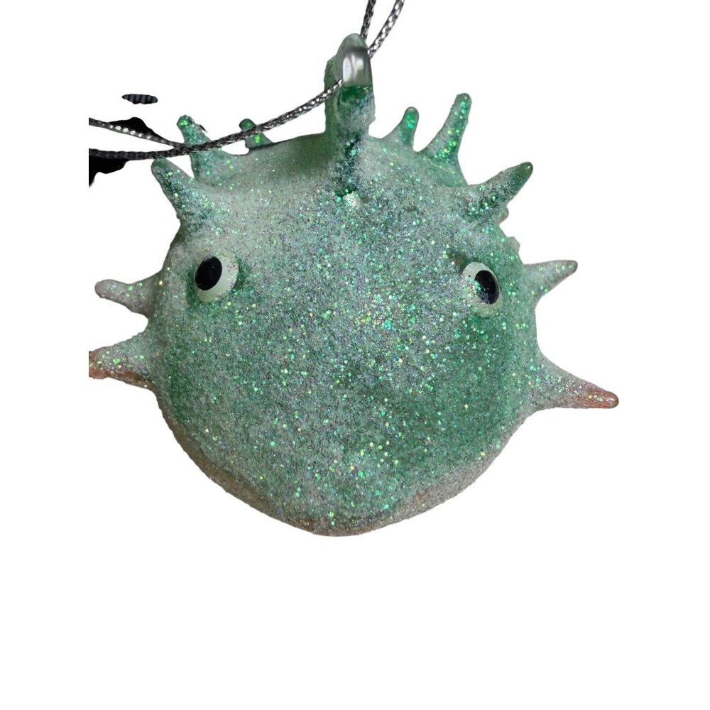 Glittery Green Puffer Fish Hanging Ornament Pier 1 Handmade Blown Glass Coastal - Picture 4 of 4